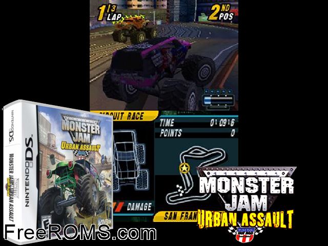 Monster Jam - Urban Assault NDS game showing 3D box cover and gameplay screenshot