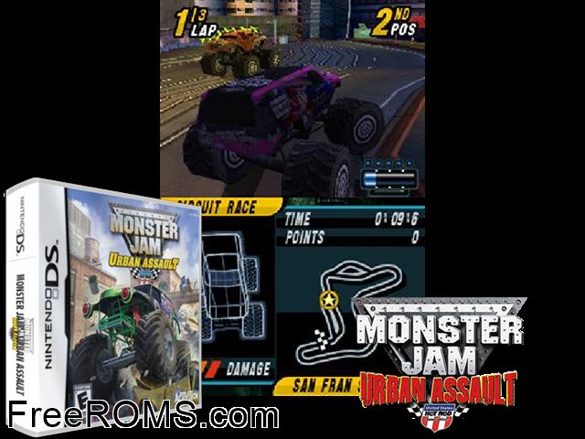 Monster Jam - Urban Assault Europe NDS game showing 3D box cover and gameplay screenshot