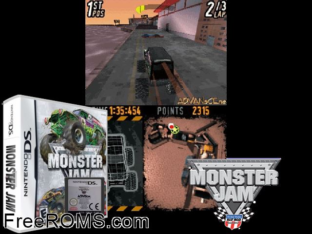 Monster Jam Europe NDS game showing 3D box cover and gameplay screenshot