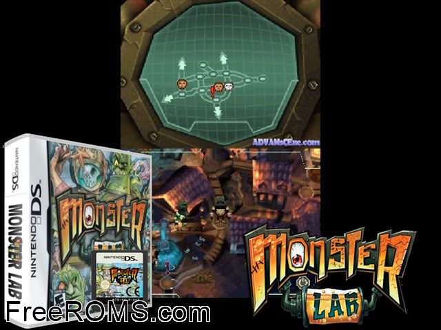 Monster Lab NDS game showing 3D box cover and gameplay screenshot