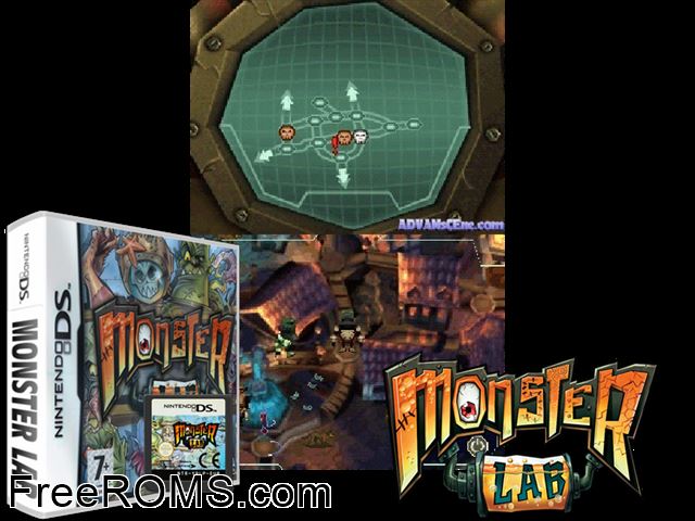 Monster Lab Europe NDS game showing 3D box cover and gameplay screenshot