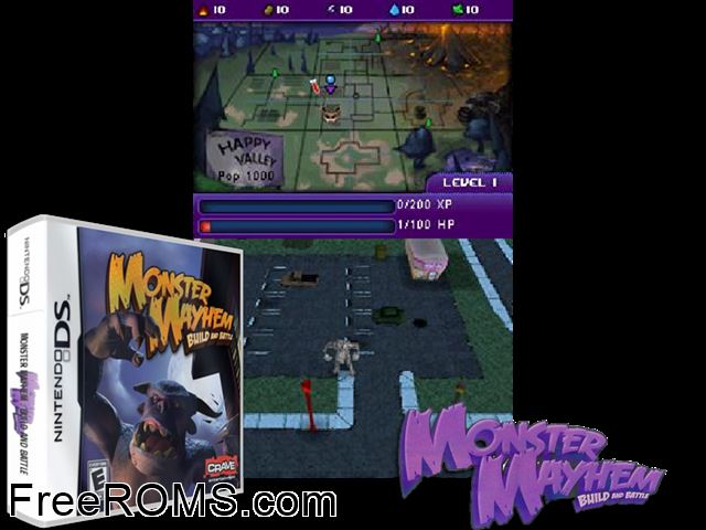 Monster Mayhem - Build and Battle NDS game showing 3D box cover and gameplay screenshot