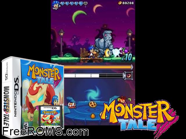 Monster Tale NDS game showing 3D box cover and gameplay screenshot