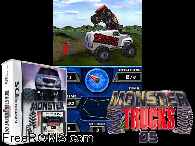Monster Trucks DS NDS game showing 3D box cover and gameplay screenshot