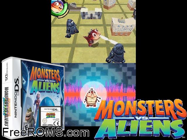Monsters vs Aliens Germany NDS game showing 3D box cover and gameplay screenshot