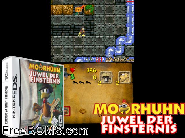 Moorhuhn - Jewel of Darkness Europe NDS game showing 3D box cover and gameplay screenshot