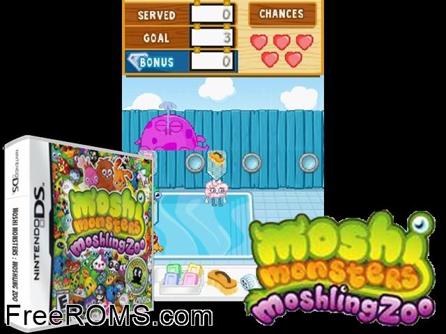 Moshi Monsters - Moshling Zoo Europe NDS game showing 3D box cover and gameplay screenshot