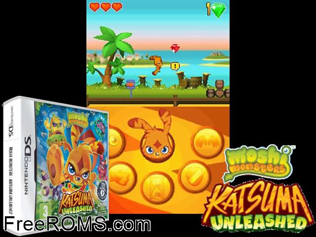 Moshi Monsters Katsuma Unleashed NDS game showing 3D box cover and gameplay screenshot