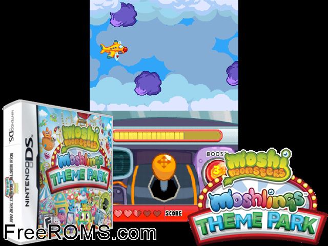 Moshi Monsters Moshlings Theme Park Europe NDS game showing 3D box cover and gameplay screenshot