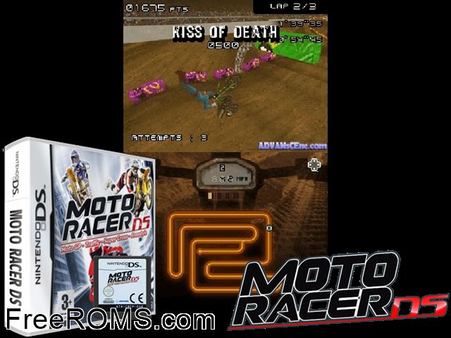 Moto Racer DS Europe NDS game showing 3D box cover and gameplay screenshot