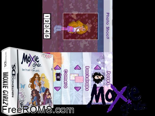 Moxie Girlz NDS game showing 3D box cover and gameplay screenshot