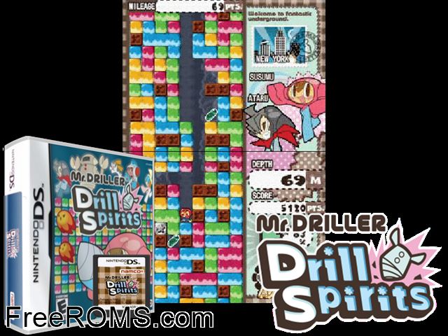 Mr. Driller - Drill Spirits NDS game showing 3D box cover and gameplay screenshot