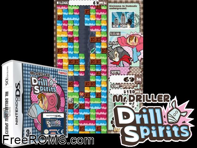 Mr. Driller - Drill Spirits Europe NDS game showing 3D box cover and gameplay screenshot