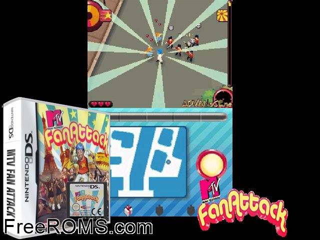 MTV Fan Attack Europe NDS game showing 3D box cover and gameplay screenshot