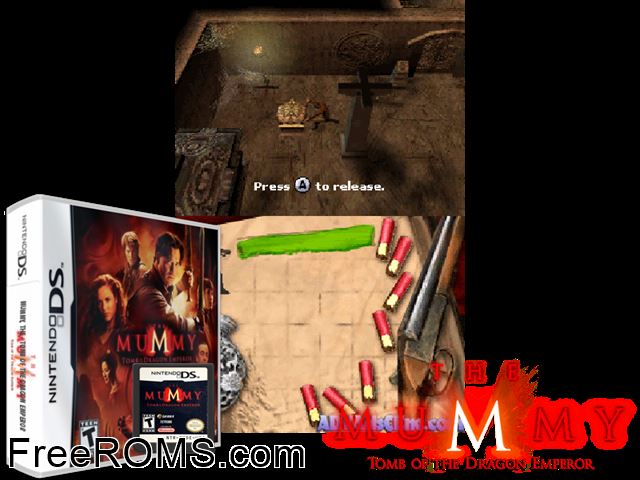 Mummy - Tomb of the Dragon Emperor, The Europe NDS game showing 3D box cover and gameplay screenshot