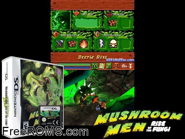 Mushroom Men - Rise of the Fungi Europe NDS game showing 3D box cover and gameplay screenshot