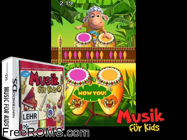 Music for Kids NDS game showing 3D box cover and gameplay screenshot