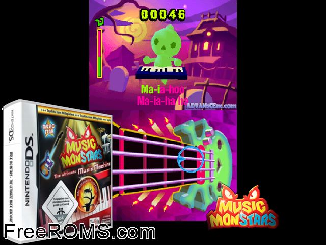Music Monstars Europe NDS game showing 3D box cover and gameplay screenshot