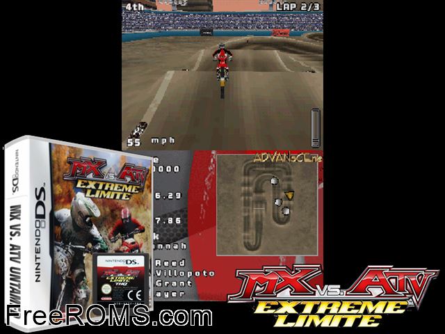 MX vs. ATV Extreme Limite France NDS game showing 3D box cover and gameplay screenshot