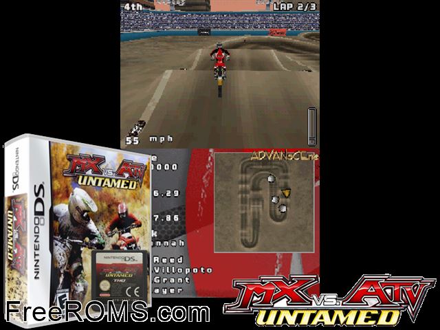 MX vs. ATV Untamed Europe NDS game showing 3D box cover and gameplay screenshot