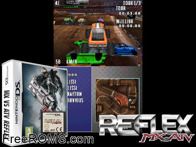 MX vs ATV Reflex Europe NDS game showing 3D box cover and gameplay screenshot