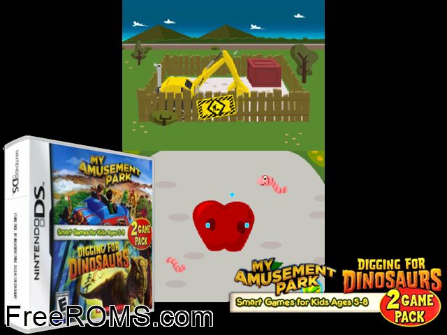 My Amusement Park Digging for Dinosaurs Game Pack NDS game showing 3D box cover and gameplay screenshot