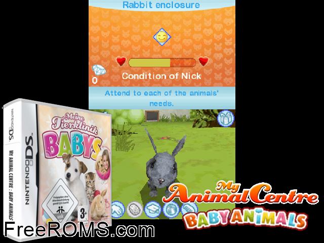 My Animal Centre - Baby Animals Europe NDS game showing 3D box cover and gameplay screenshot