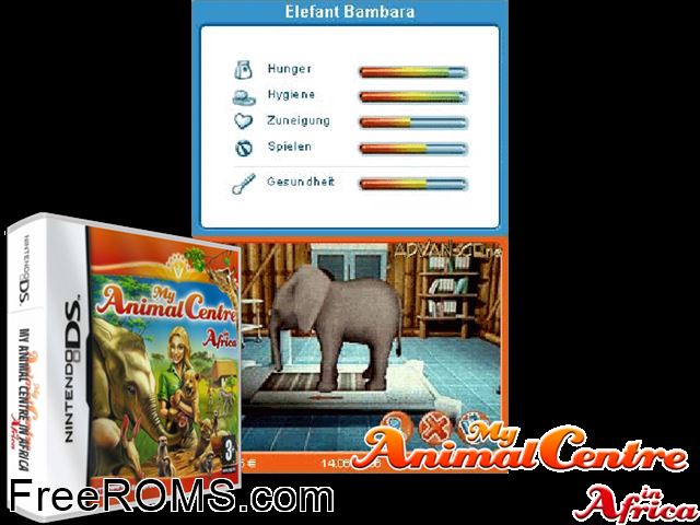 My Animal Centre in Africa Europe NDS game showing 3D box cover and gameplay screenshot