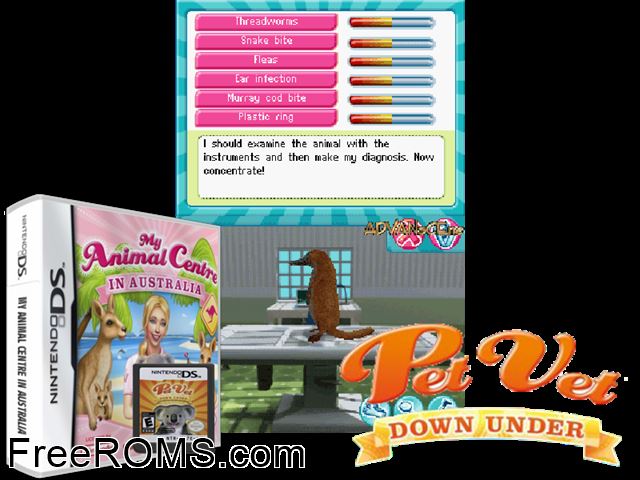 My Animal Centre in Australia Europe NDS game showing 3D box cover and gameplay screenshot