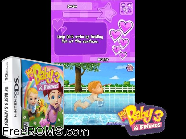 My Baby 3 and Friends Europe NDS game showing 3D box cover and gameplay screenshot
