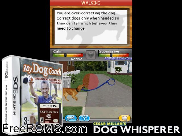 My Dog Coach - Understand Your Dog with Cesar Millan Europe NDS game showing 3D box cover and gameplay screenshot