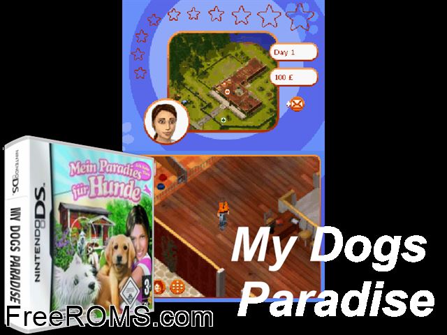My Dogs Paradise Europe NDS game showing 3D box cover and gameplay screenshot