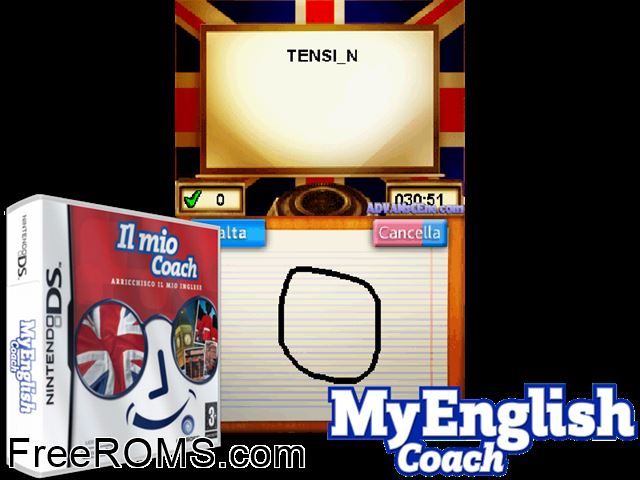 My English Coach Europe NDS game showing 3D box cover and gameplay screenshot