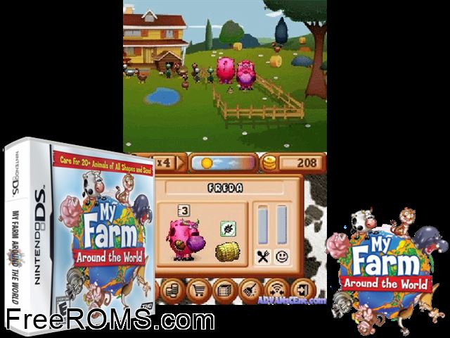 My Farm Around the World Europe NDS game showing 3D box cover and gameplay screenshot