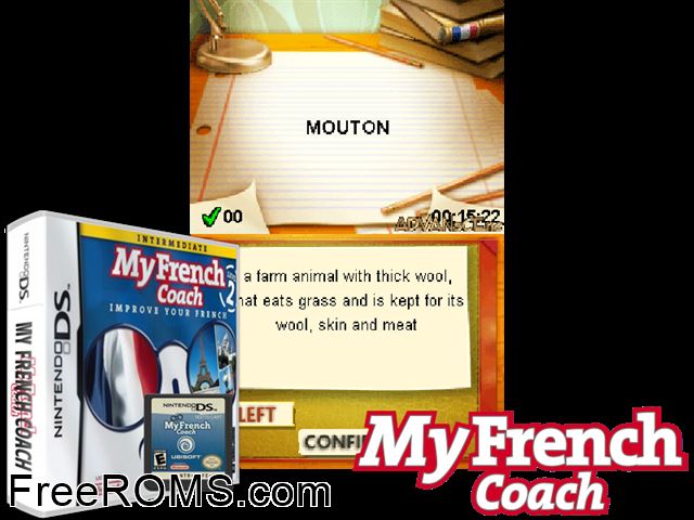 My French Coach - Level 1 - Learn to Speak French Europe NDS game showing 3D box cover and gameplay screenshot