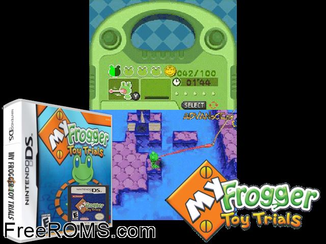 My Frogger - Toy Trials Europe NDS game showing 3D box cover and gameplay screenshot