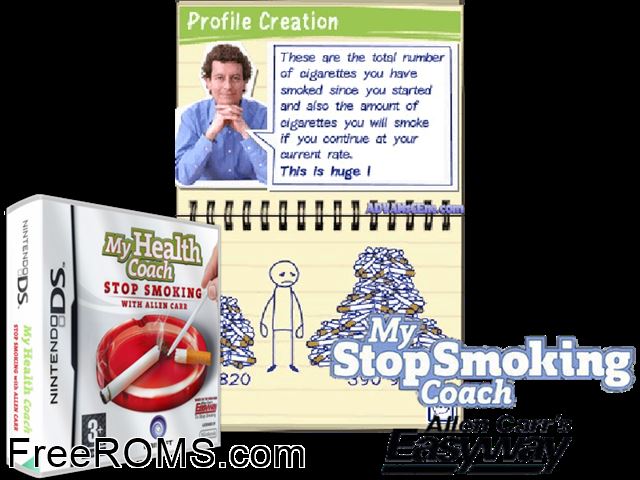 My Health Coach - Stop Smoking with Allen Carr Europe NDS game showing 3D box cover and gameplay screenshot