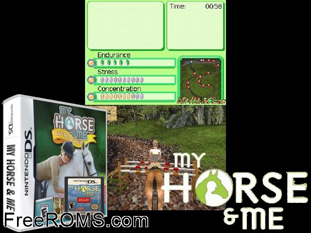 My Horse and Me Europe NDS game showing 3D box cover and gameplay screenshot