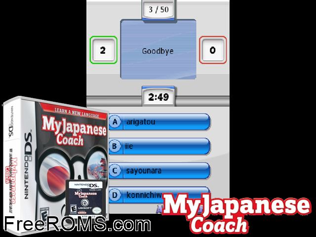 My Japanese Coach - Learn a New Language NDS game showing 3D box cover and gameplay screenshot