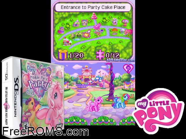 My Little Pony - Pinkie Pies Party NDS game showing 3D box cover and gameplay screenshot