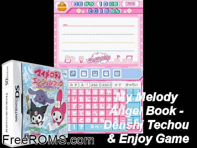 My Melody Angel Book - Denshi Techou and Enjoy Game Japan NDS game showing 3D box cover and gameplay screenshot