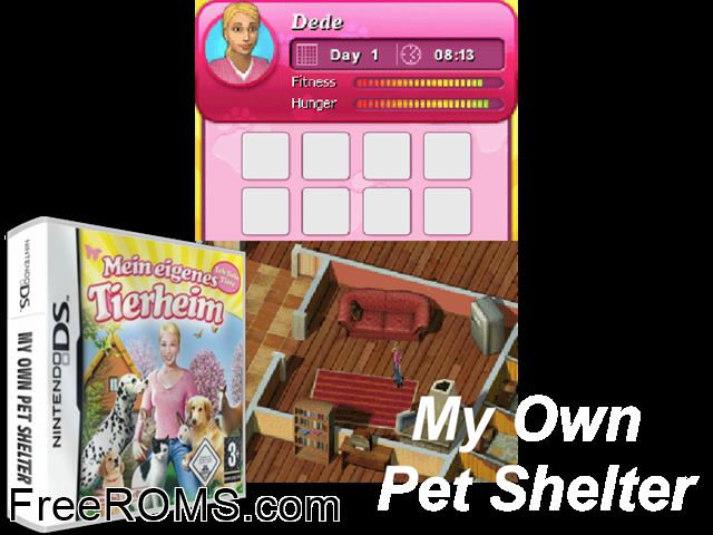 My Own Pet Shelter Europe NDS game showing 3D box cover and gameplay screenshot