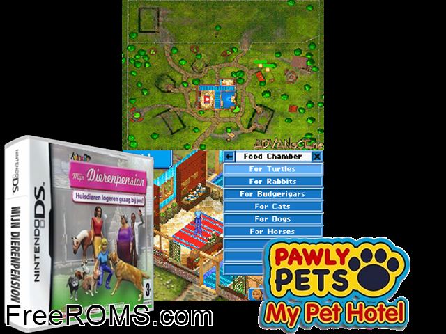 My Pet Hotel Europe NDS game showing 3D box cover and gameplay screenshot