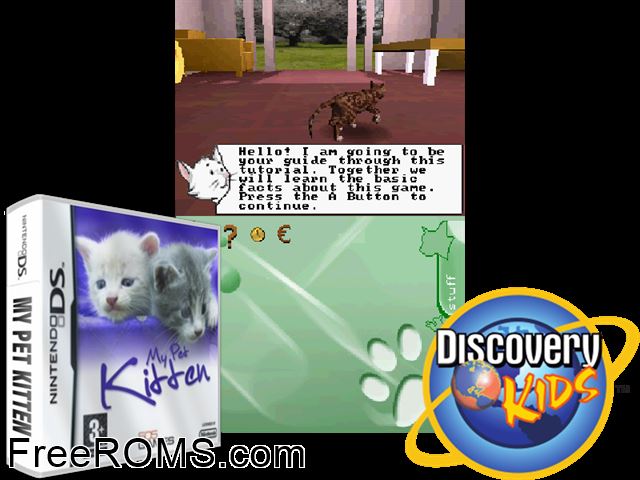 My Pet Kitten Europe NDS game showing 3D box cover and gameplay screenshot