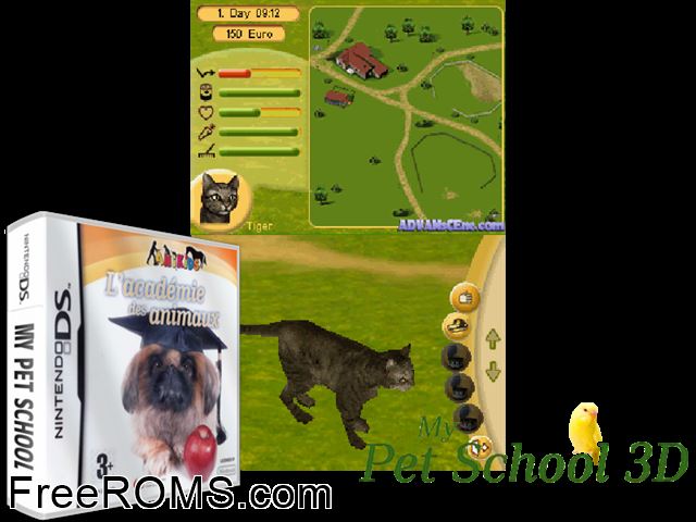 My Pet School Europe NDS game showing 3D box cover and gameplay screenshot