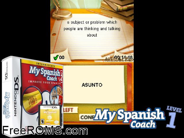 My Spanish Coach - Level 1 - Learn To Speak Spanish Europe NDS game showing 3D box cover and gameplay screenshot