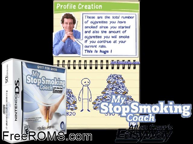 My Stop Smoking Coach with Allen Carrs Easyway NDS game showing 3D box cover and gameplay screenshot