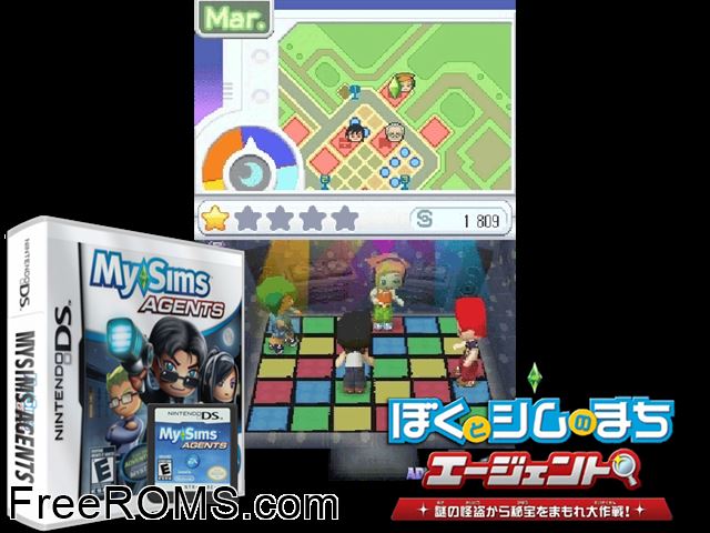 MySims - Agents Europe NDS game showing 3D box cover and gameplay screenshot