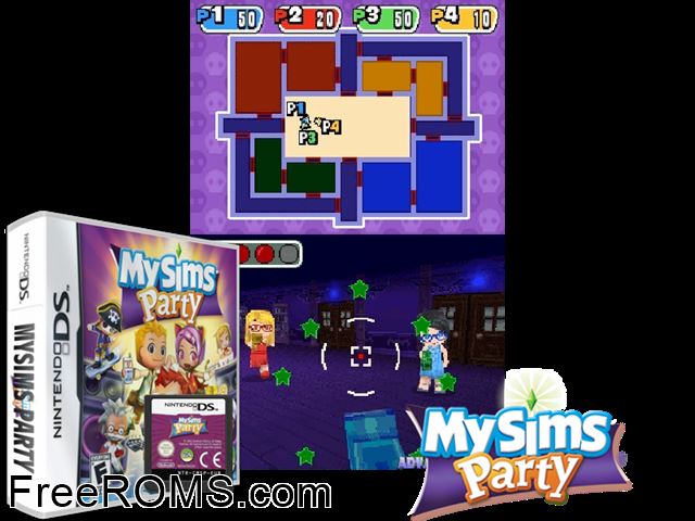 MySims - Party Europe NDS game showing 3D box cover and gameplay screenshot