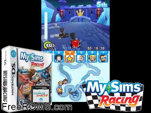 MySims - Racing NDS game showing 3D box cover and gameplay screenshot